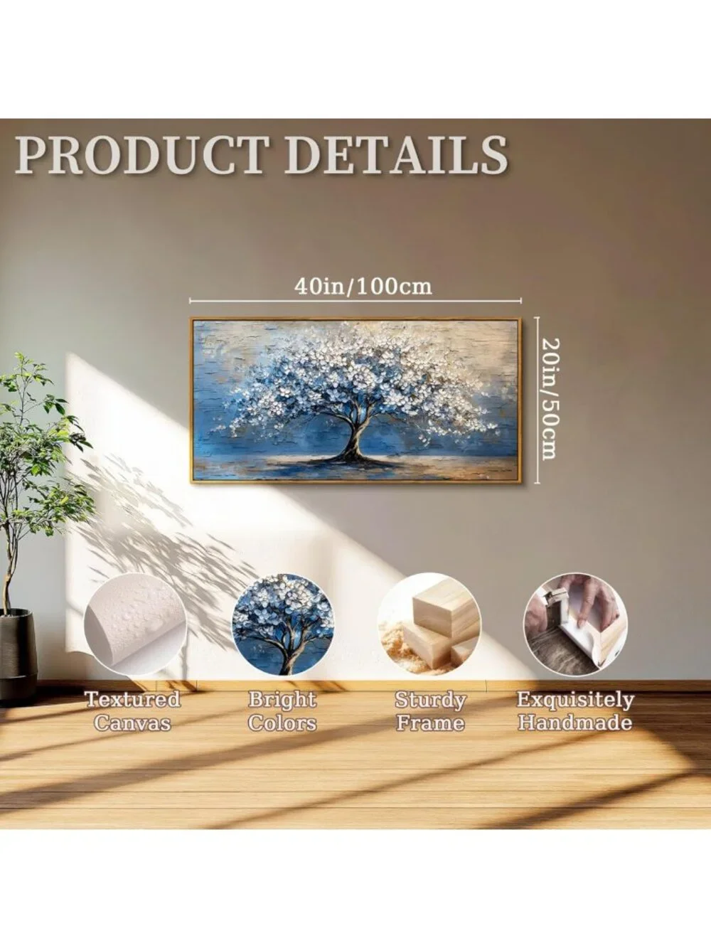 Large Framed Tree of Life Wall Art - Blue Abstract Cherry Blossom Decor 20x40